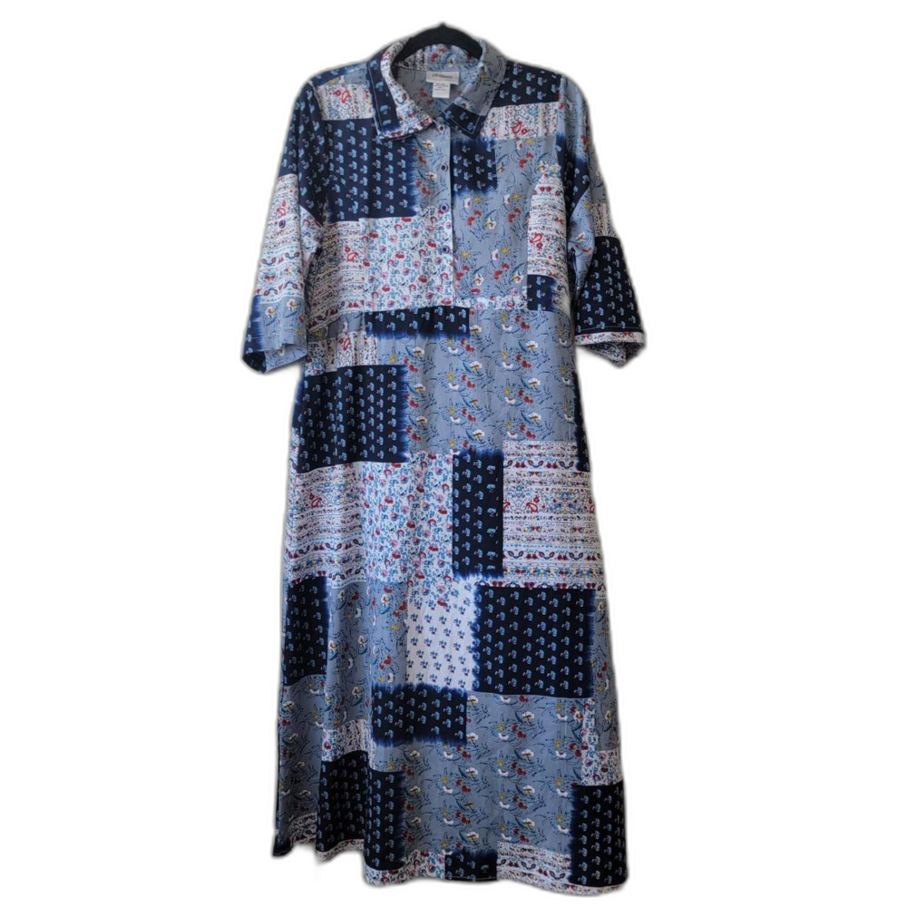 Patchwork Maxi Dress Button Front Short Sleeve Size L Boho